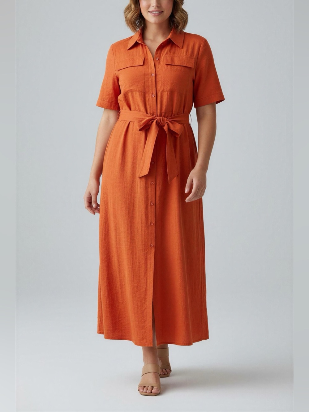 STYLEWE Orange Button-Front Maxi Shirt Dress with Waist Tie
